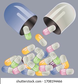 Vector medical pills. Open capsule pills.