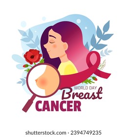 Vector medical poster world breast cancer day. Illustration of a beautiful girl with flying hair.
