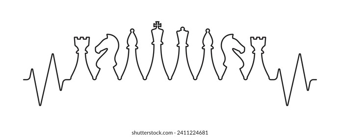 Vector medical pulse back line with chess pieces symbols image. Isolated on white background.