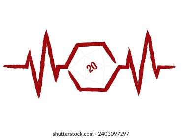 Vector medical pulse red line with symbol of 20 double sided cubes. Board Games. White background.