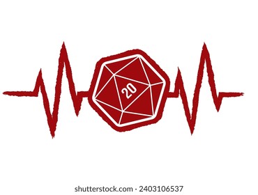 Vector medical pulse red line with symbol of 20 double sided cubes. Board Games. White background.