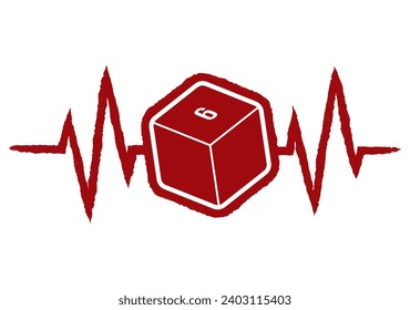 Vector medical pulse red line with symbol of 6 double sided cubes. Board Games. White background.