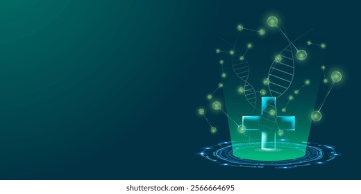 Vector medical research background abstract green and glowing molecule