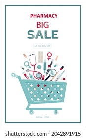 Vector medical sale banner. Template for hospitals, advertising, pharmacies training. First aid. International health protection, insurance.Medicine and surgery