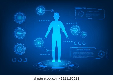 Concepto de ciencia médica de vectores. Holograma humano gráfico tecnológico de la interfaz de exploración de resonancia magnética.