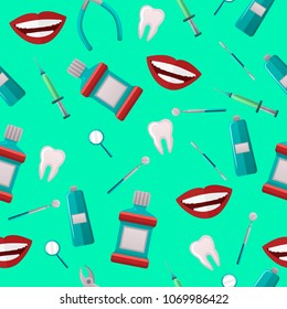 Vector medical and scientific pattern with medical care and treathment objects. Seamless background for stomatology and orthodontics clinic. Vector illustration
