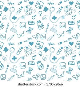 Vector medical seamless pattern in blue color on the white background