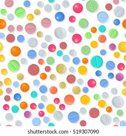 Vector medical seamless pattern with color pills on white. Background with pharmaceutical medicament: tablet and dragee. Illustration of medicament drugs for hospital, pharmacy design.
