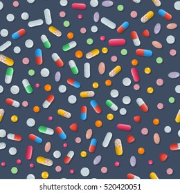 Vector medical seamless pattern with color capsule and dragee, caplet and tablet on white background. Pharmaceutical pills, painkiller and antibiotics. Illustration of medicament drugs
