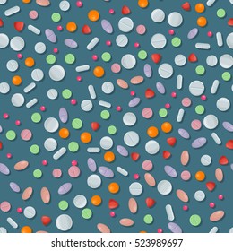 Vector medical seamless pattern with color pills on white. Background with pharmaceutical medicament: tablet and dragee. Illustration of medicament drugs for hospital, pharmacy design.