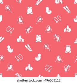 Vector medical seamless pattern with icons and signs in flat style, components of the stages pregnancy, tips for pregnant women on red background poster or banner template.