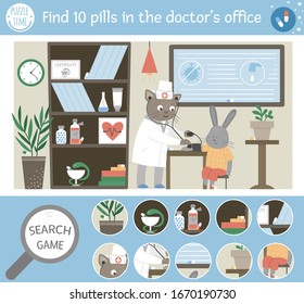 Vector medical searching game for children with pills lost in the hospital. Cute funny scene. Find hidden objects. Search for pills in the doctors office