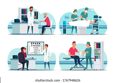 Vector medical service, clinic work and treatment in hospital set. Doctor traumatologist shows x-ray. Surgeon operating patient. Ophthalmologist checks eyesight. Nurse puts bandage on patient’s hand