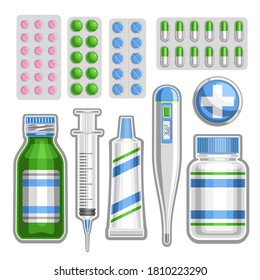 Vector Medical Set, 10 cut out illustrations of green and pink pills in different packs, decorative cross for first aid kit, collection of cartoon medical symbols on white background.