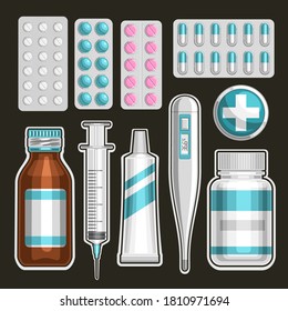 Vector Medical Set, 10 ilustraciones cortadas de pastillas rosas y azules en diferentes paquetes, cruz decorativa para kit de primeros auxilios, colección de caricaturas de símbolos médicos para farmacia sobre fondo negro.