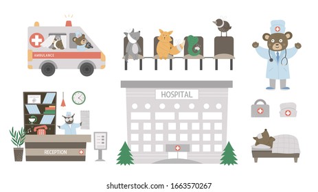 Vector medical set with animals. Cute funny hospital building, ambulance car, reception hall, doctor, patients isolated on white. Health care concept for children.