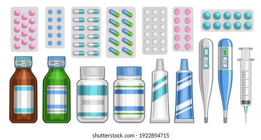 Vector Medical Set, lot collection of cut out illustrations of blue and pink pills in variety package, group of brown and green glass and plastic pill bottles, medical electronic thermometers on white