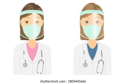 Vector medical set icon doctor in mask. The doctor is a man in uniform and with a stethoscope, protective shield , mask. Illustration of a doctor in flat style.
