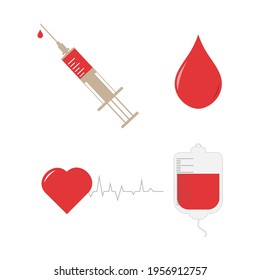 Conjunto médico vectorial aislado en blanco. Jeringa, corazón con cardiograma, cuentagotas, gota de sangre. Para diversos fines de diseño.