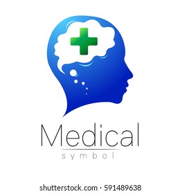 Vector medical sign Logo with cross, human, brain. Symbol for doctors, website, visit card, icon, logotype. Blue green color. Medicine modern concept design. Health and care.