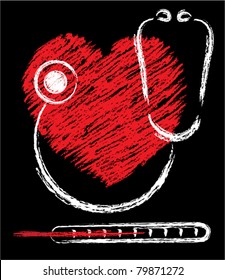 vector medical sketch of heart, stethoscope and thermometer