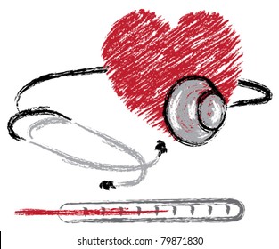 vector medical sketch of heart, stethoscope and thermometer