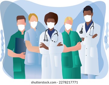 Vector of a medical staff, group of confident doctors and nurses, they are standing together, coronavirus prevention concept. Vector illustration in flat style.