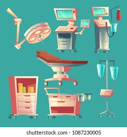 Vector medical surgery set, cartoon hospital equipment. Medicine life support system with lamp for emergency. Clinic stuff, surgical operating elements.