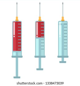 Vector medical syringe icon set. Syringes are filled with blood. Illustration of medical syringes with needle in flat minimalism style.