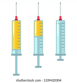 Vector medical syringe icon set. Syringes are filled with a solution of vaccine. Illustration of medical syringes with needles in flat minimalism style.