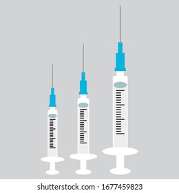 Vector medical syringe icon set. Syringes are filled with a solution of vaccine. Illustration of medical syringes with needles in flat minimalism style.