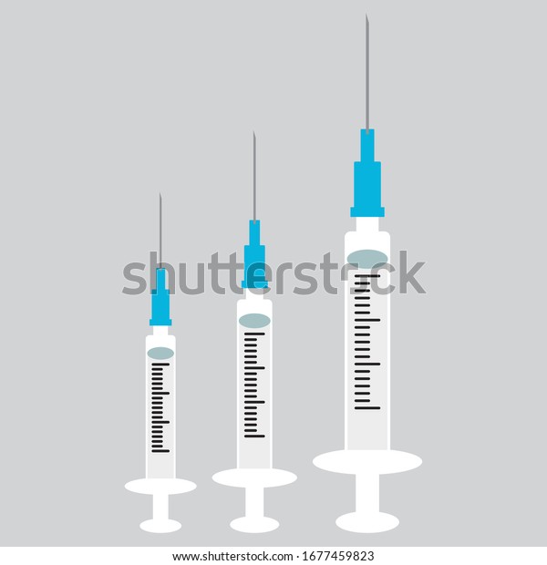 ベクター医療用シリンジアイコンセット 注射器にはワクチンの溶液が詰め込まれている 平らなミニマリズムの針を持つ医療注射器のイラスト のベクター画像素材 ロイヤリティフリー