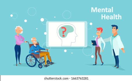 Vector of a medical team assisting senior patiens with dementia, brain damage or stroke