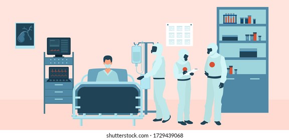 Vector of a medical team in personal protective gear assisting, treating a patient in intensive care unit 