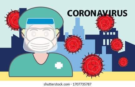 Vector del equipo médico que utiliza equipo de prevención de la infección por el coronavirus o Covid 19.