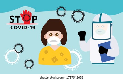 Vector of medical team using prevention equipment from coronavirus or Covid 19 infection.
