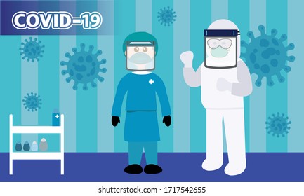 Vector of medical team using prevention equipment from coronavirus or Covid 19 infection.