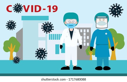 Vector of medical team using prevention equipment from coronavirus or Covid 19 infection.