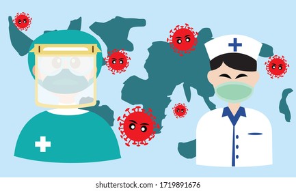 
Vector of medical team using prevention equipment from coronavirus  or Covid 19 infection.