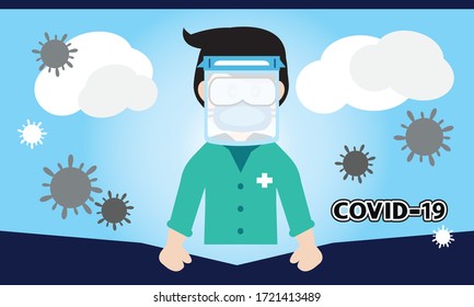 Vektorgrafik des medizinischen Teams, das Präventivgeräte gegen eine Infektion mit Coronavirus oder Covid 19 verwendet.