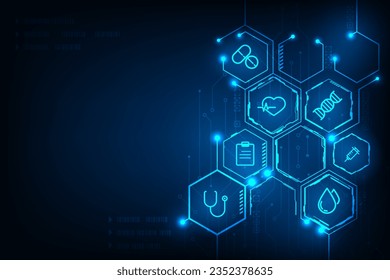 Vector medical technology network concept design. Hexagon technology frame design.