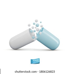 Vector medical template. Opened blue-white capsule with lighte-blue and white balls, isolated on white background. Element for design. Realistic illustration. 3d 
