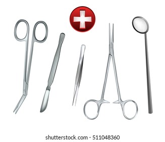 Vector medical tools set on white background, scalpel, scissors, forceps, dentist mirror, surgical equipment 