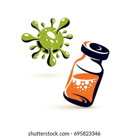 Vector medical vial illustration isolated on white. Epidemic vaccination concept