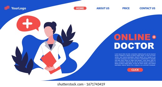 Vector medical web site or landing page template for online doctor or clinic. Doctor with documents online help. Flat design. Prevention disease help or diagnostic online