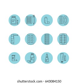 Vector medicament icon set in trendy linear style. Drugstore emblems,dosage forms