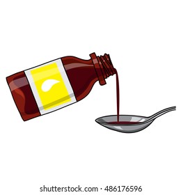 Vector medicated syrup, cough syrup / brown color bottle with liquid and a spoon.  Bottle with label. Cartoon style.