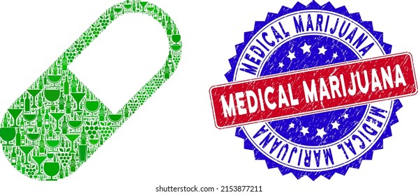 Mosaico de vino de granulado de medicación vectorial y sello de sello médico de sello de sello de marihuana morado bicolor. Impresión bicolor roja y azul con textura impura y leyenda de la Marihuana Médica.