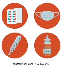 Vector medication icons. Set illustrations flat pill, nasal drops, thermometer and protective respiratory mask isolated on white background.