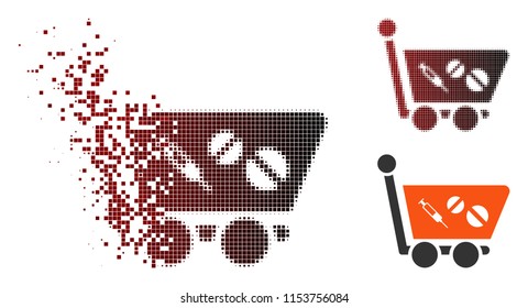 Vector medication shopping cart icon in fractured, pixelated halftone and undamaged solid variants. Disappearing effect involves square scintillas and horizontal gradient from red to black.